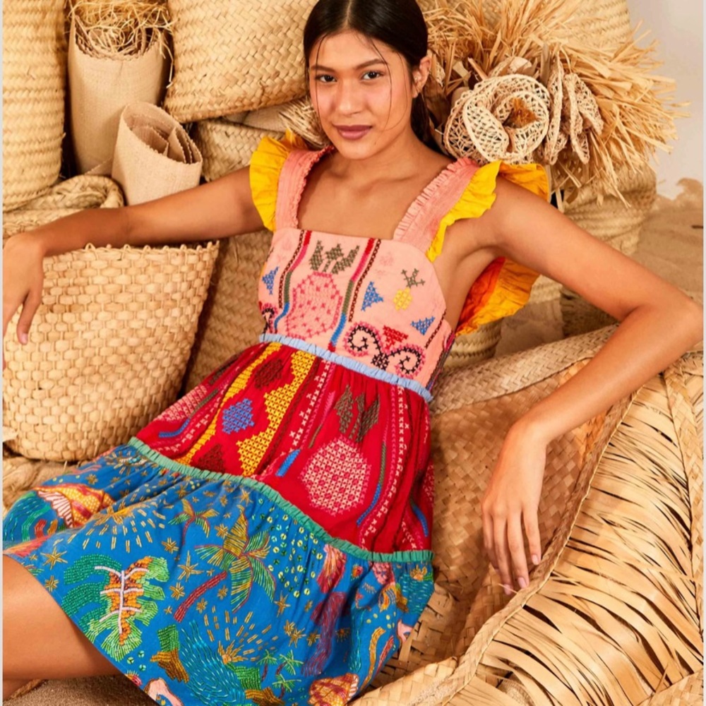 FARM RIO Colorblock Embroidered Mini Dress